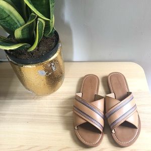 Tan embroidered slide sandals